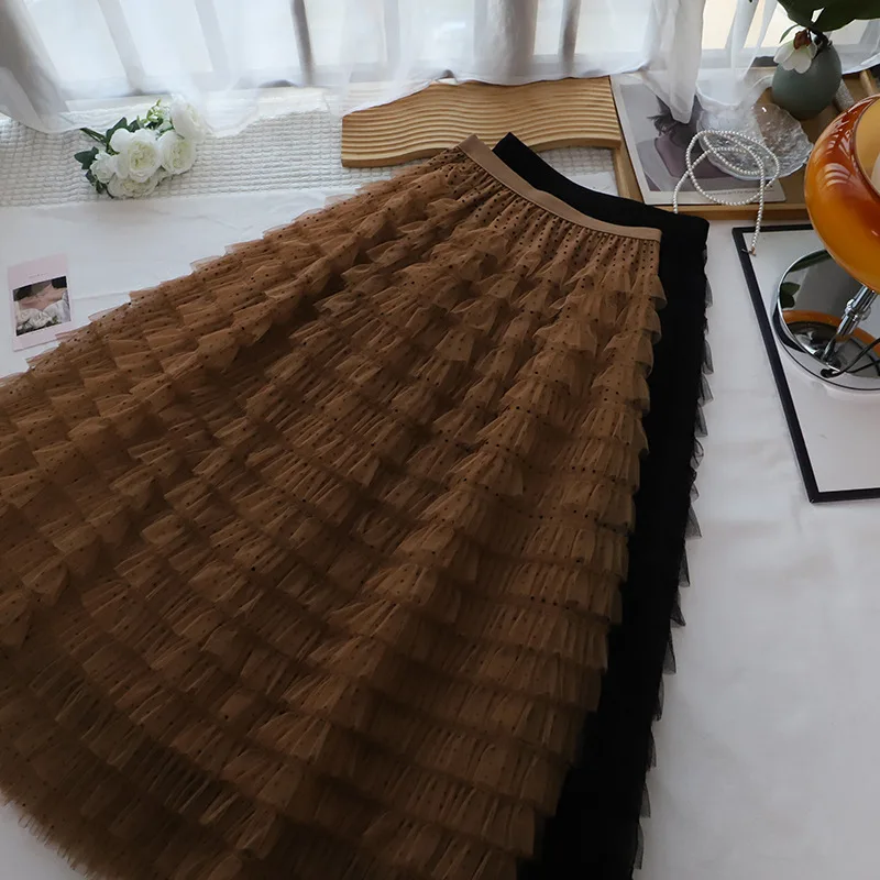 폴카 도트 미 스커트 여성용 A라인 스커트 봄 프렌 퍼프 레이어드 스커트 한국 스타일 하이 웨이스트 케이크 스커트