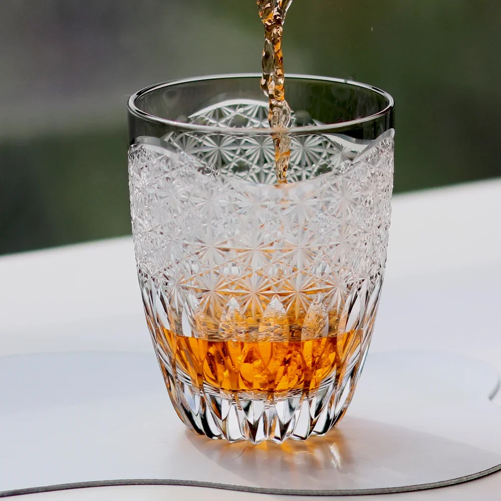 Hand Cut to Clear Grey Rocks Whiskey Glass Tumbler Japanese Style Edo Kiriko Cocktail Glass Cup Varied Cuts in Gift Box