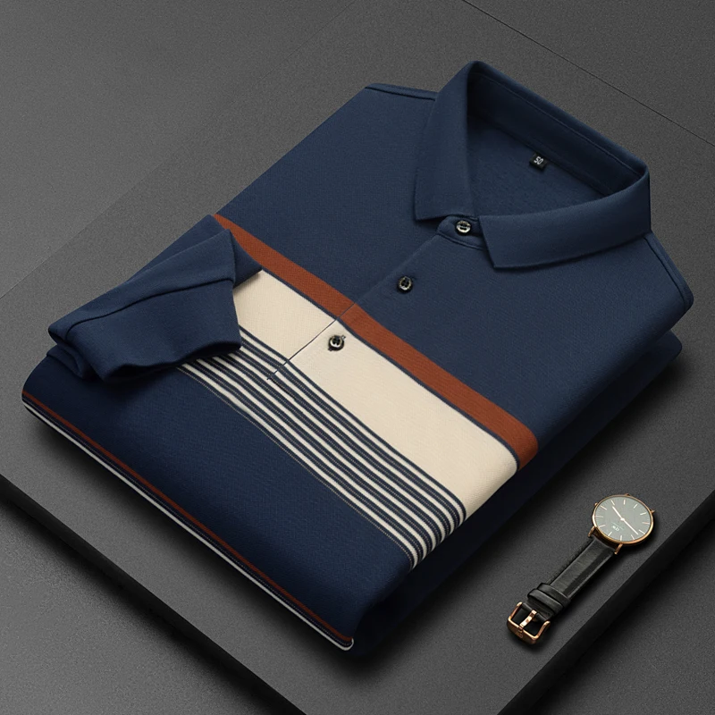 High end mercerized cotton long sleeve polo shirt men's 2022 Autumn New Stripe contrast T-shirt Lapel loose business men's wear