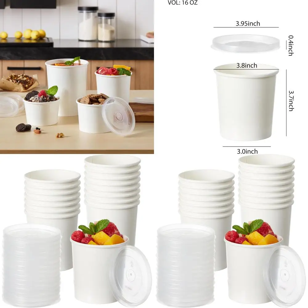 

250 чашек для супа из белой крафт-бумаги с полипропиленовыми крышками, контейнерами для пищевых продуктов и мисками для горячей и холодной посуды