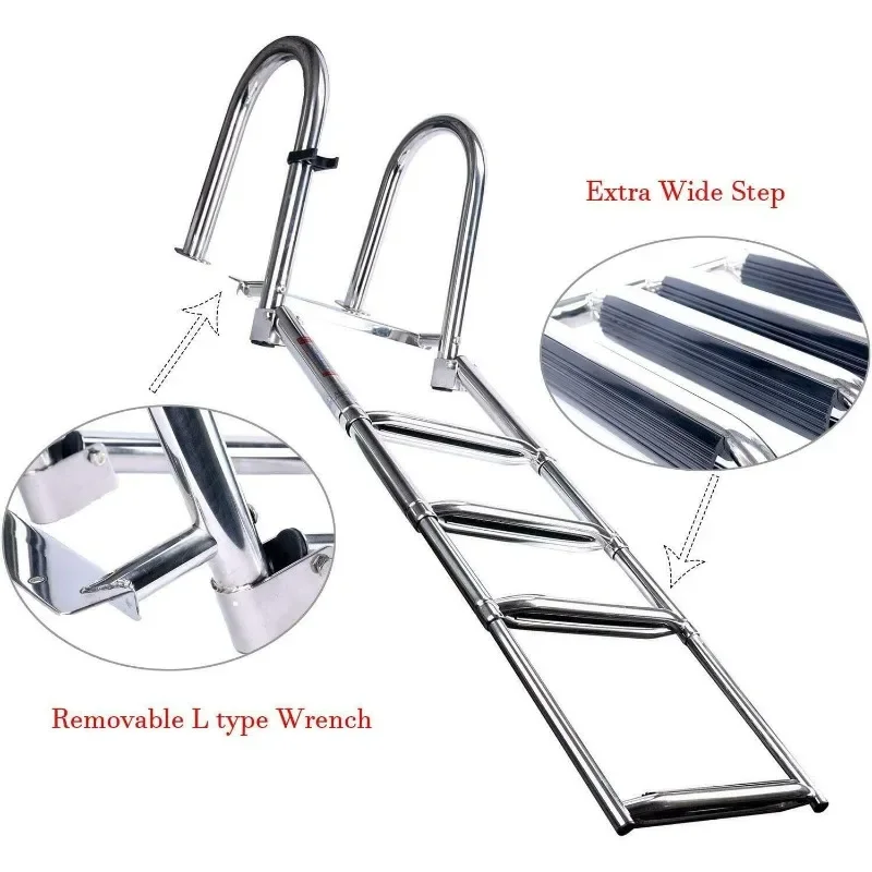 سلم عائم بـ 4 خطوات سهل الصعود، تصميم قابل للطي وقابل للإزالة وخطوات واسعة للدخول الخلفي الآمن.