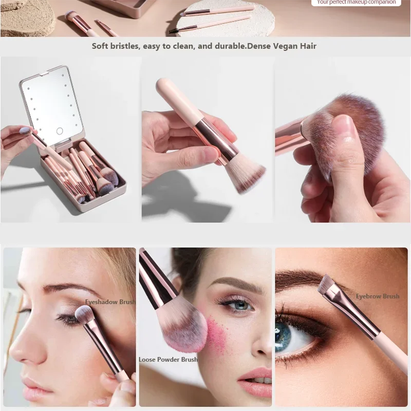 14-delige make-upborstelset met verlichte spiegel, draagbaar kort handvat, LED-licht, USB oplaadbare make-upborstelset