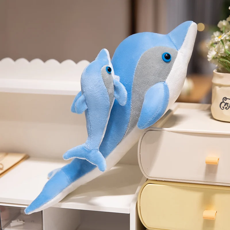 Simulation Mother and Child Dolphin Blue Plush Toys Animals Throw Pillow Cute Dolls Party Decor Baby Soothing Doll Birthday Gift