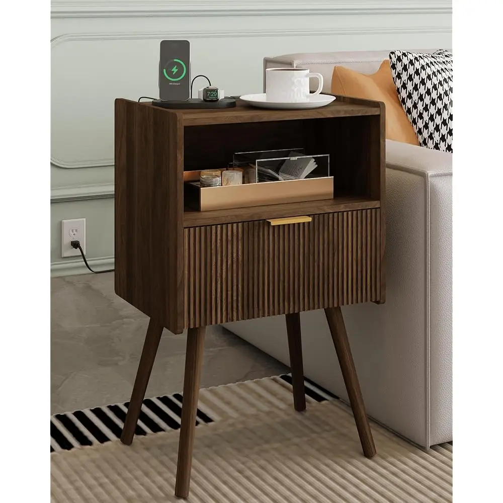 

Nightstand,Modern Bedside Table With Storage Drawer And Open Wood Shelf, Accent Night Stand With Solid Wood Legs For Living