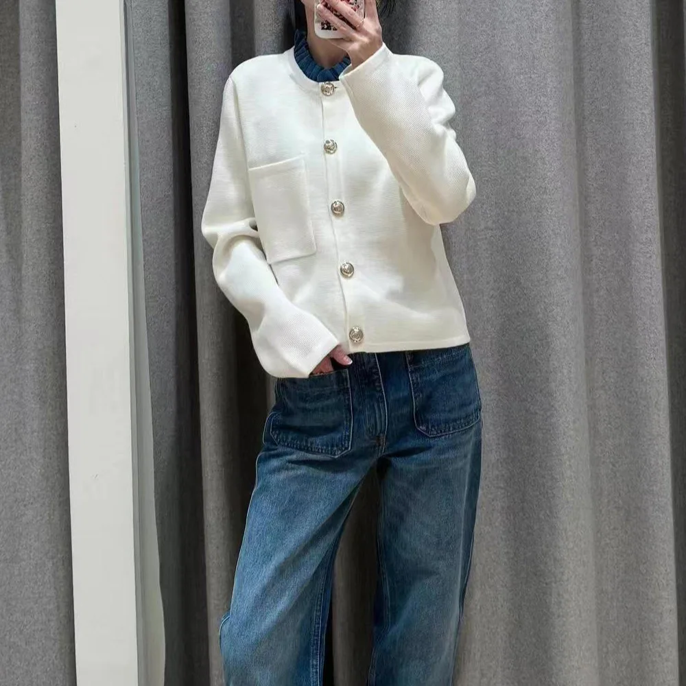 

2025 fall and winter new ruffle collar removable metal buttons single row embroidery needlepoint cardigan blouse jacket woman