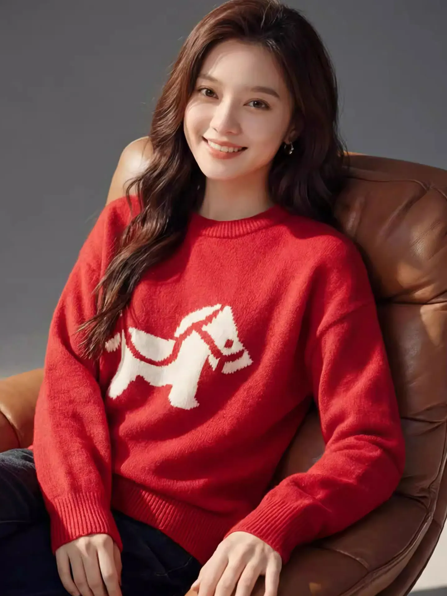 

Красный вязаный свитер с длинными рукавами и круглым вырезом для женщин, весна 2026, повседневный, в корейском стиле, свободный крой, теплый