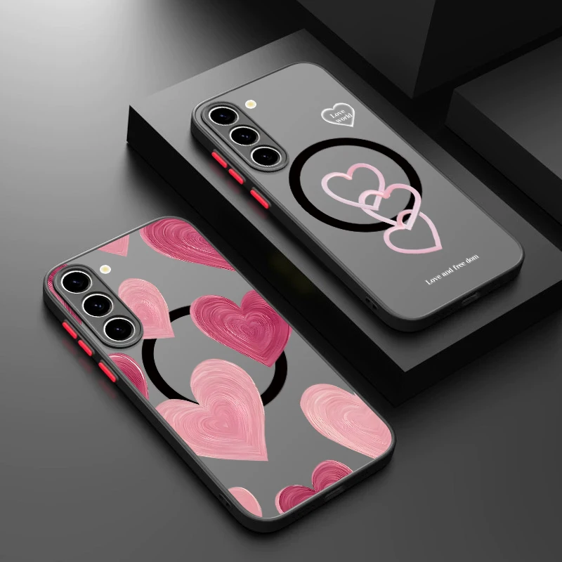 Love Heart Patterned Magnetic Phone Case For Samsung Galaxy A57 A37 A17 A56 A36 A55 A35 A26 A16 A25 A15 A54 Acrylic Back Cover