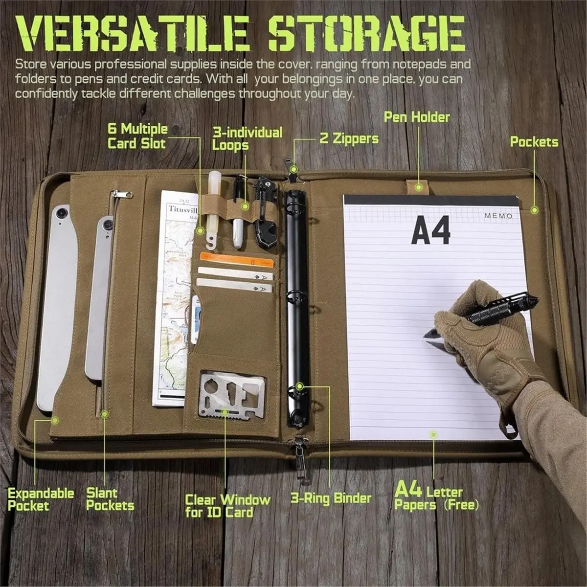 Eco-friendly Portfolio Padfolio Binder Detachable 3-Ring Planner,with A4 Letter Paper,Multi-Pocket Carry Bag for Gift,Out-Work,S