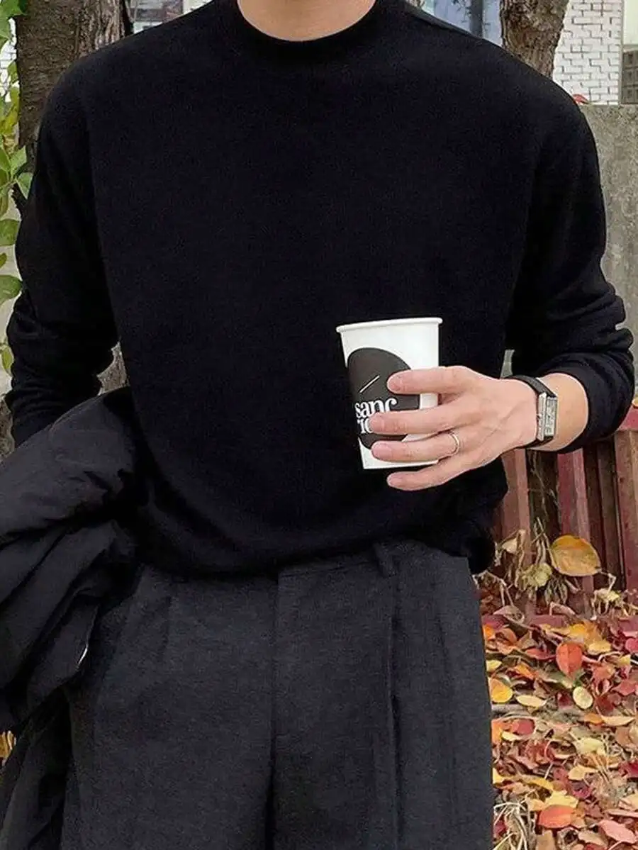 

Men's Solid Black Round Neck Long Sleeve Sweater for Autumn Winter Casual Wear