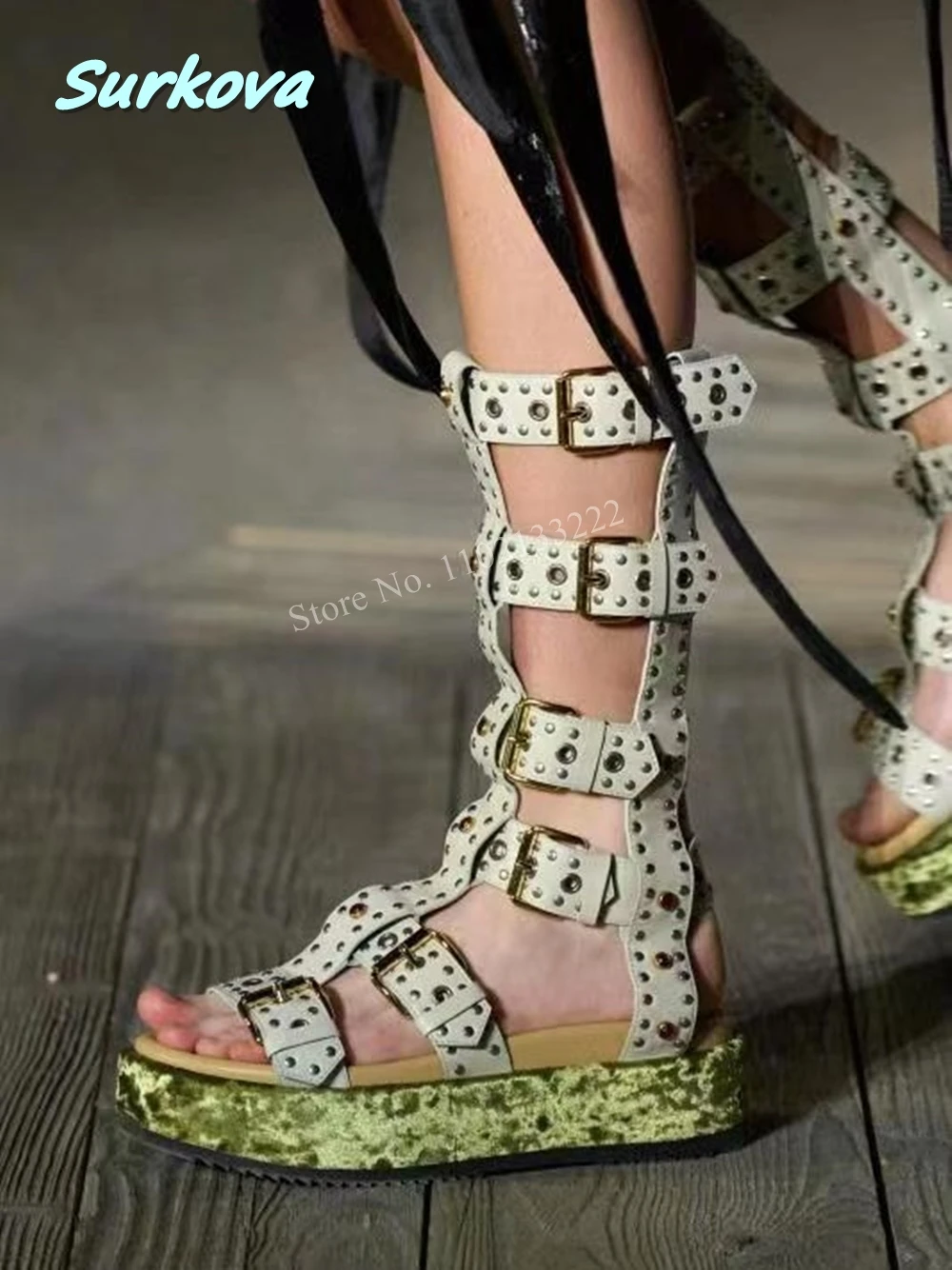 

Green Platform Flat Party Sandals Summer Buckle Round Toe Satin Upper Hottest Fashion Sexy Comfortable Women Shoes Daily