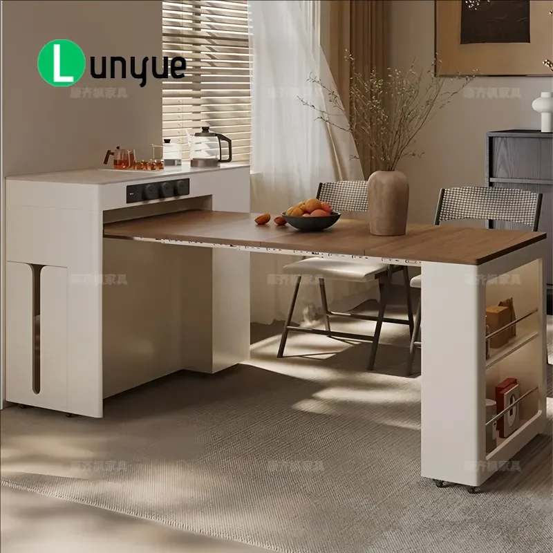 Retractable Folding Island Dining Table with Mobile Side Cabinet Bar Guide Multifunctional Furniture for Small Apartment