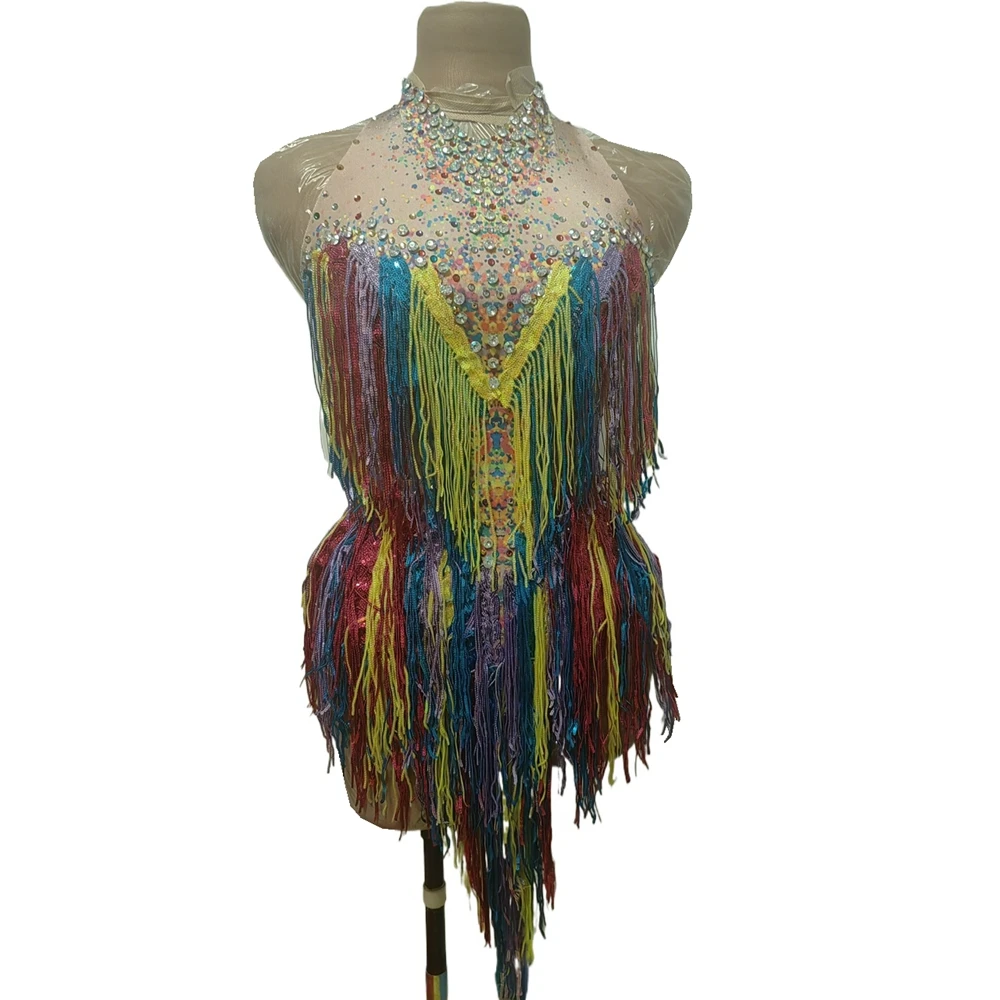 

Sparkly Rhinestones Colorful Sequins Tassels Bodysuit for Women Sexy Performance Dance Costume Stage Wear Singer Dancer Clothing