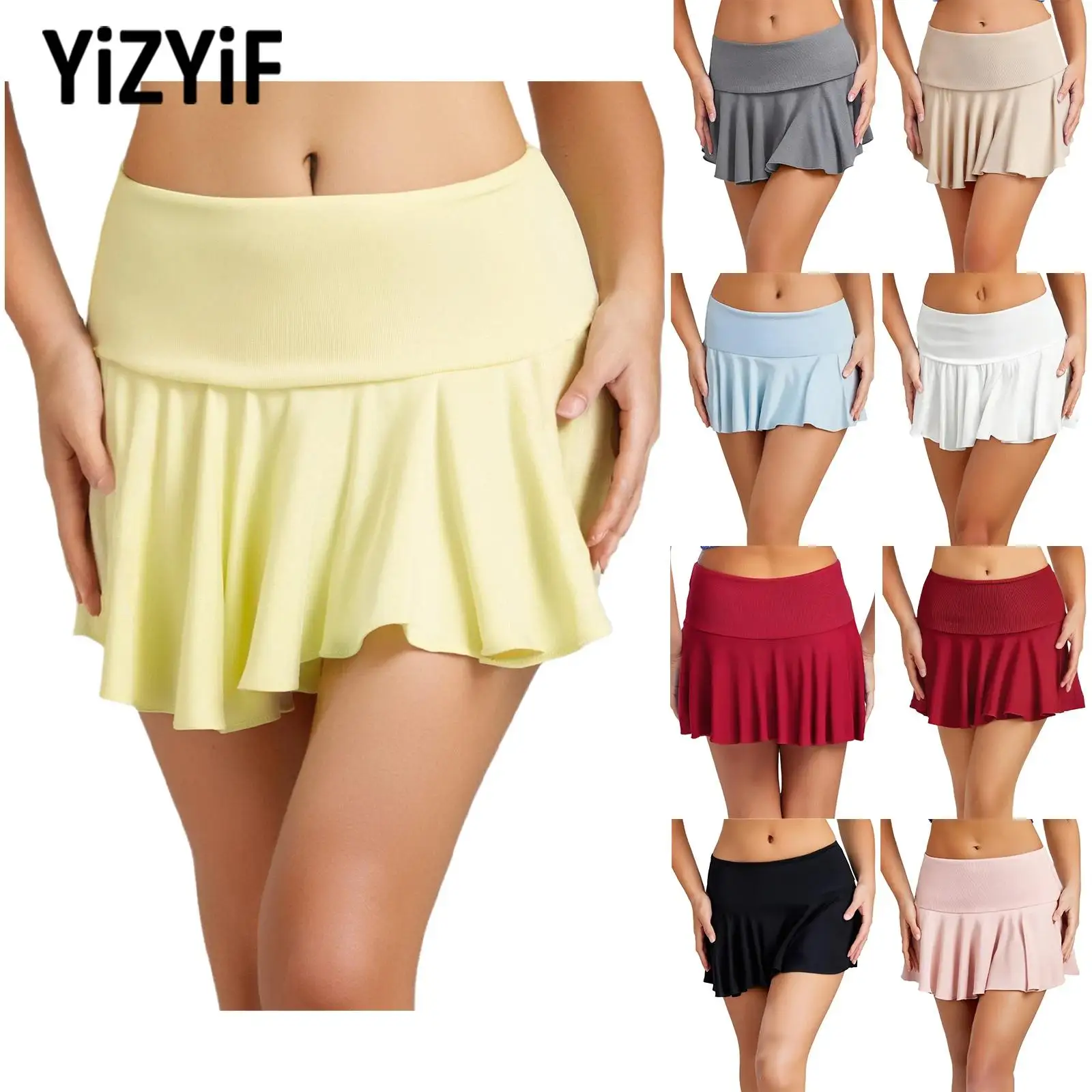 

Women's Fashion Stretchy Tennis Skirt Outdoor Sports Yoga Running Jogging Beach Clothes Ruffled Mini Skirts with Built-in Shorts