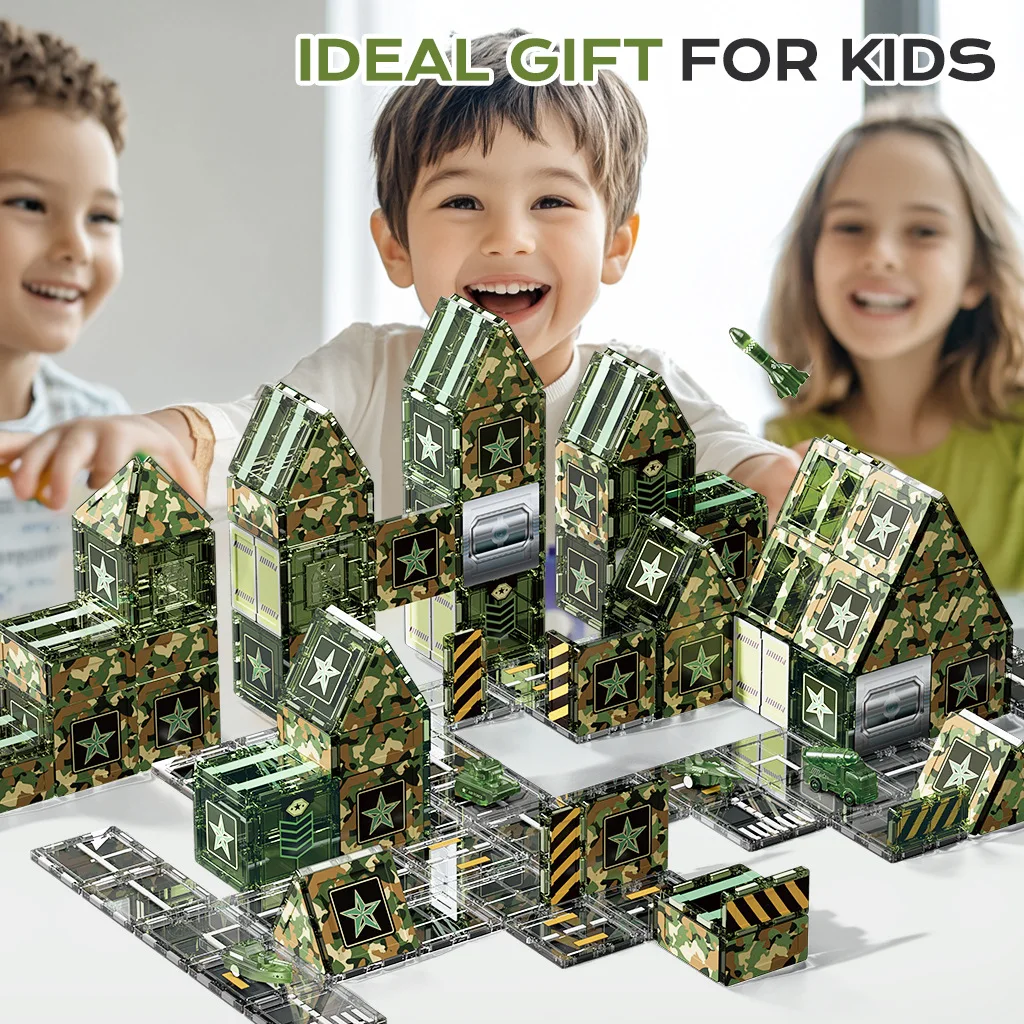 Foglio magnetico Blocco magnetico Educazione precoce Blocco di costruzione puzzle di varietà Set a tema militare Foglio magnetico da pista