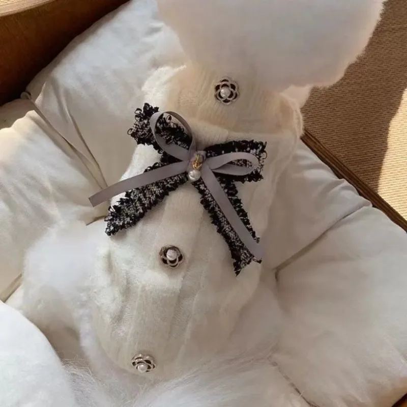 Fashion Winter Warm Turtleneck Sweater Pet Dog Clothes Woolen Bow Base Jackets Pet Knit Sweater Teddy Bear Puppy Plush Coat