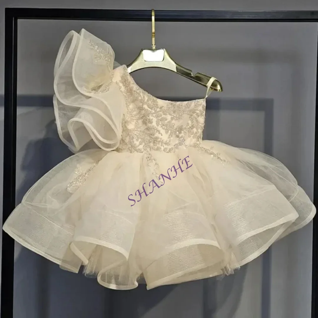 CustomizedGirls Puff Sleeve Bow Neckline Layered Tulle Ball Gown Elegant Design For Formal Occasions Weddings Flower Girl Birthd