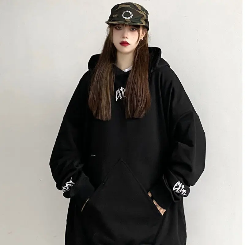 Lose Pullover Hoodies Baggy Sweatshirts für Frauen lange Kapuze weibliche Kleidung Grafik Ärmel E Sweat-Shirt Y2k Vintage M Tops