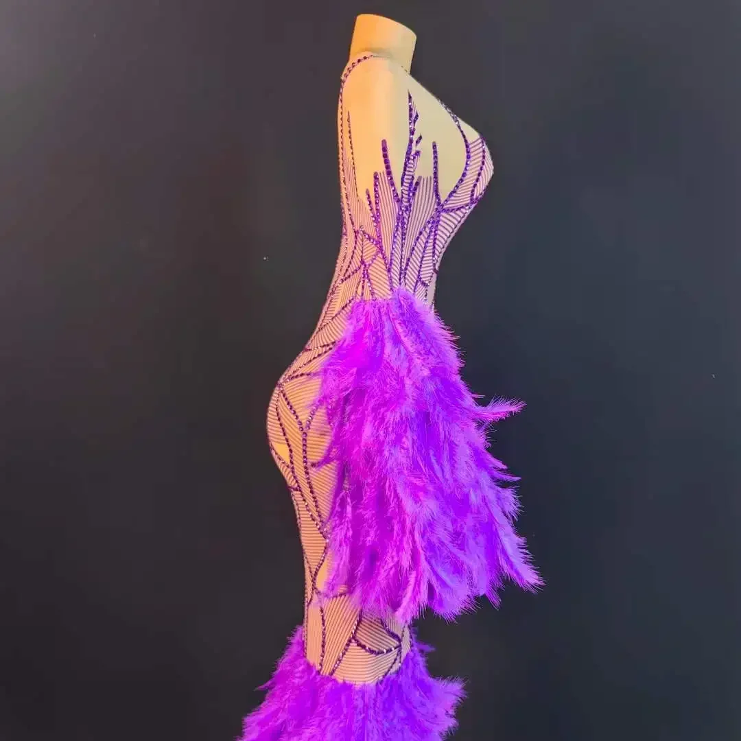 Sparkly Vrouwen Lange Jurk Met Veer Sexy Elegante Bruiloft Verjaardag Avondjurken Strass Drag Queen Outfit