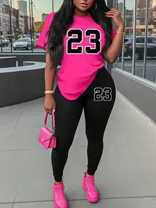 Women's Pink Number 23 Print T-Shirt & Leggings Matching Set, Casual Sporty Two-Piece Outfit for Spring Summer
