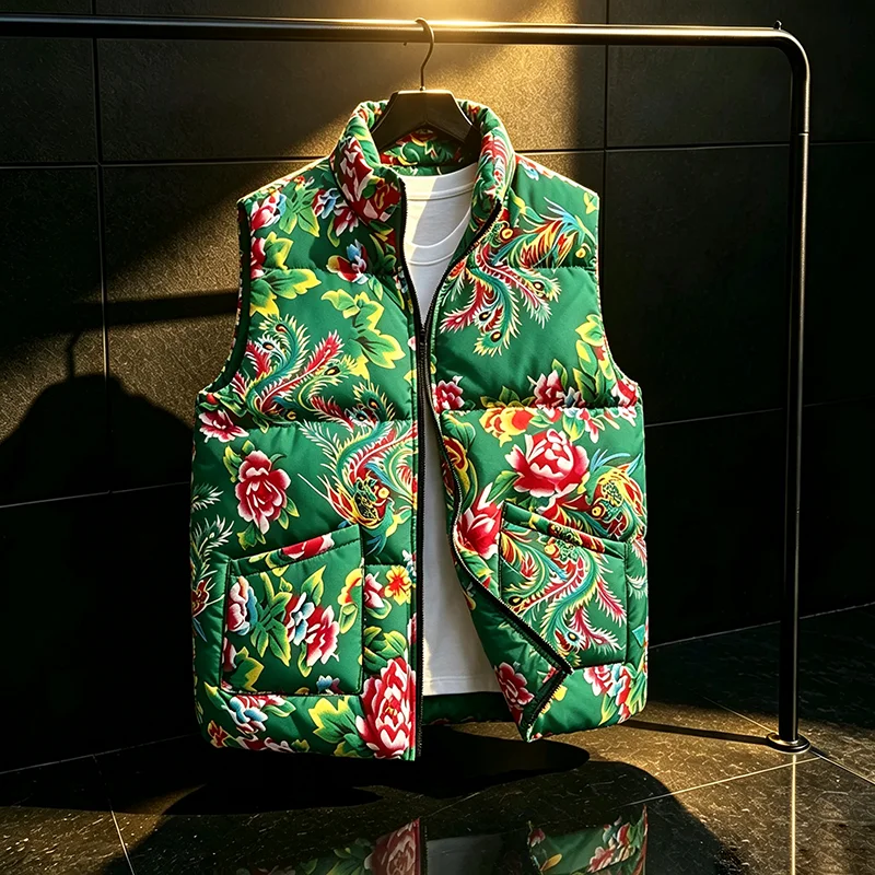 Northeast China Floral Print Vest Men Cotton Padded Vest Men Women Thick Quilted Waistcoat Winter Sleeveless Open Front Parkas