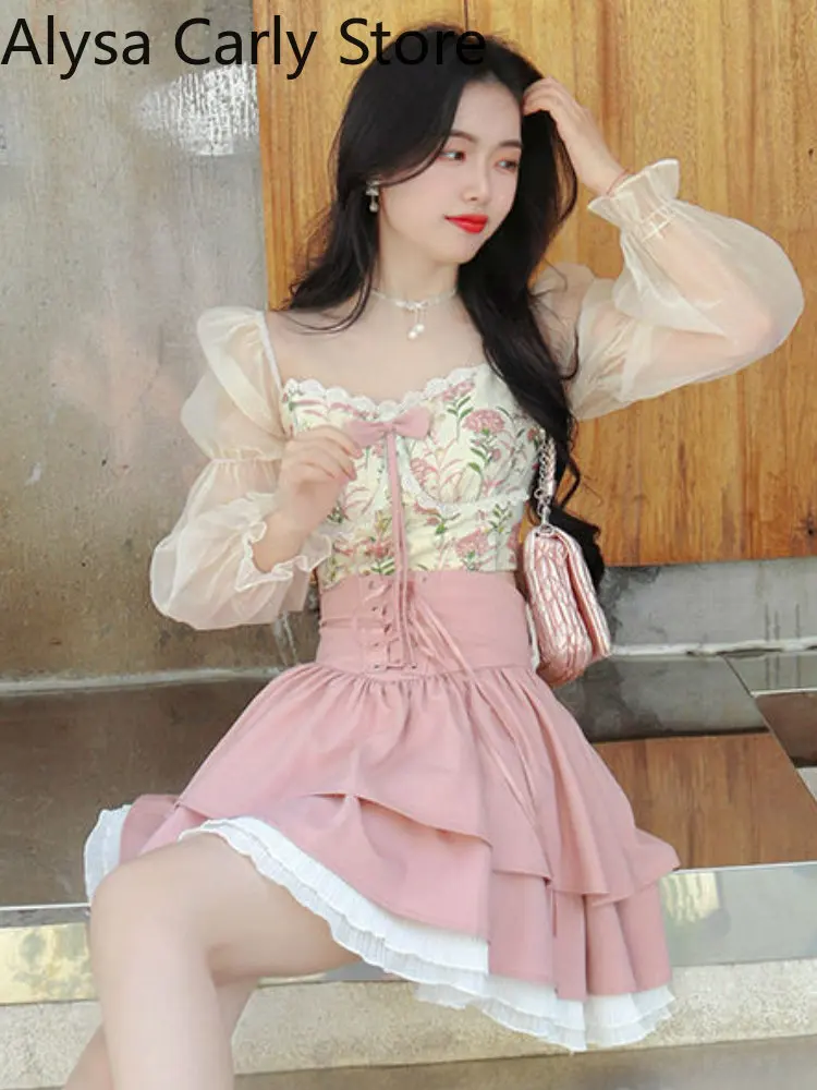 2022 Autumn Sweet Two Piece Set Women Lace Floral Blouse Casual Ruffle Chic Skirt Set Designer Bow Slim Female Cute Party Sets