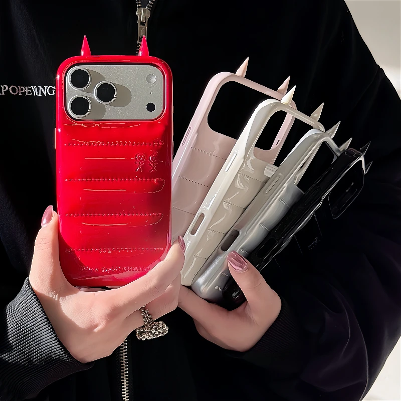 Funda brillante Ins 3D Devil's Horns para iPhone 17 16 15 14 Pro Max, funda protectora de lujo con cuerno a prueba de golpes, carcasa de regalo para niñas