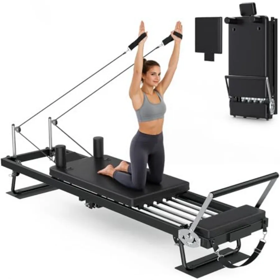 

Large Foldable Pilates Reformer Machine with Jump Board and Adjustable Resistance for Home Gym Long Slide Rails 91.3 Length Bla