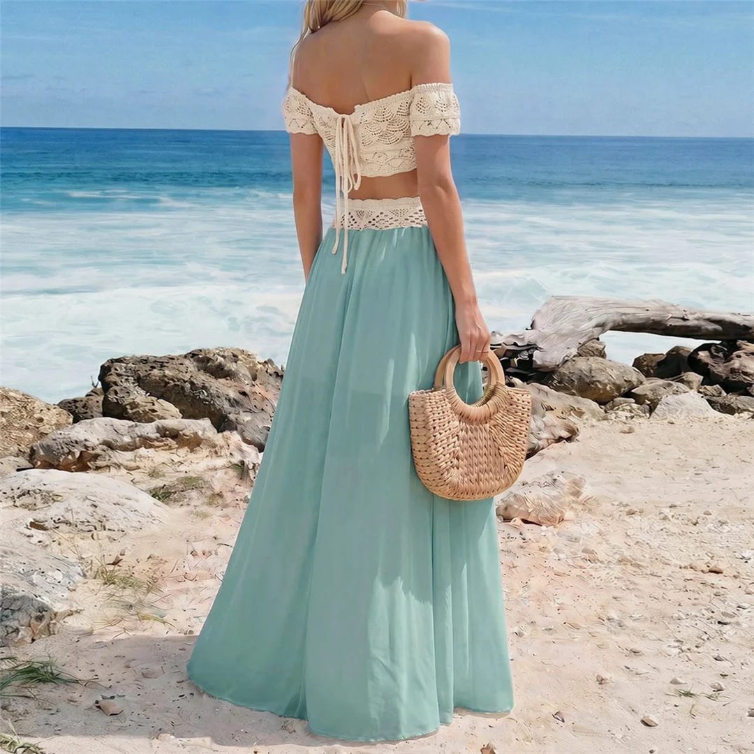 S - XL, zweiteiliger Anzug mit freiem Schulterbereich, gehäkelt, ideal als Strandkleid oder Strandüberwurf, Strandmode, Damen, V8218G. – Detail 8