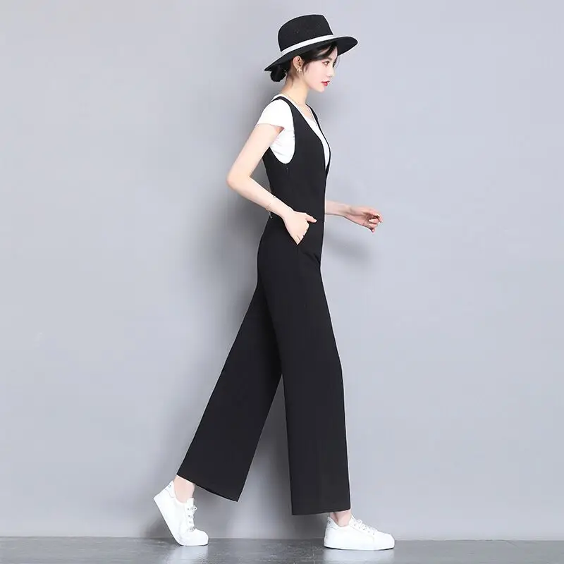 Women One Piece Jumpsuit Summer Fashion Sleeveless Lapel Solid Black Office Lady Lace Up Loose Wide Legs Romper High Streetwear