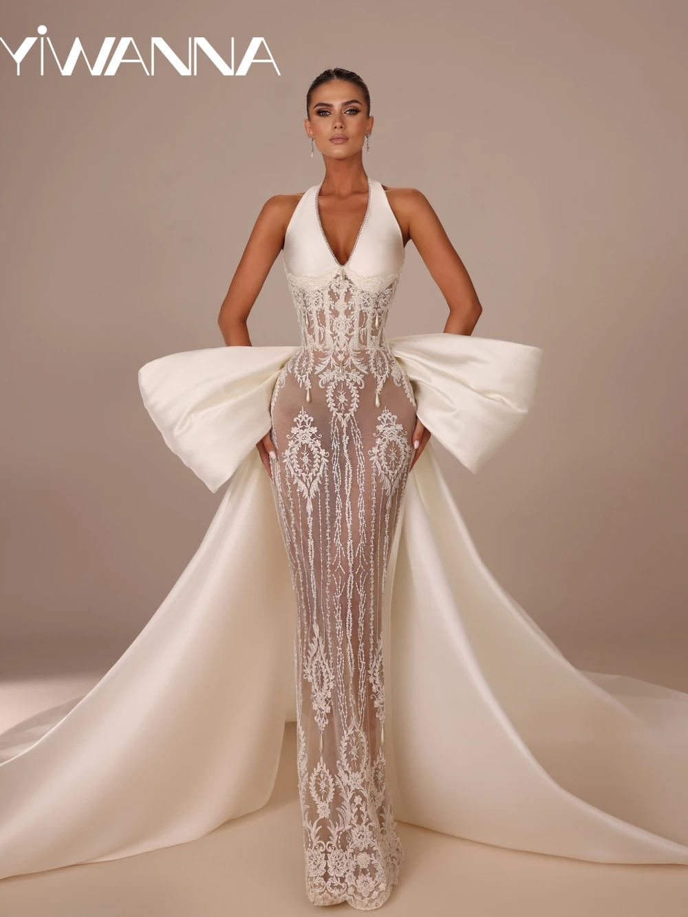 

Detachable Satin Train Beaded Lace Wedding Dress Charming Illusion Halter Bridal Gown 2026 New Customized Dresses For Bride