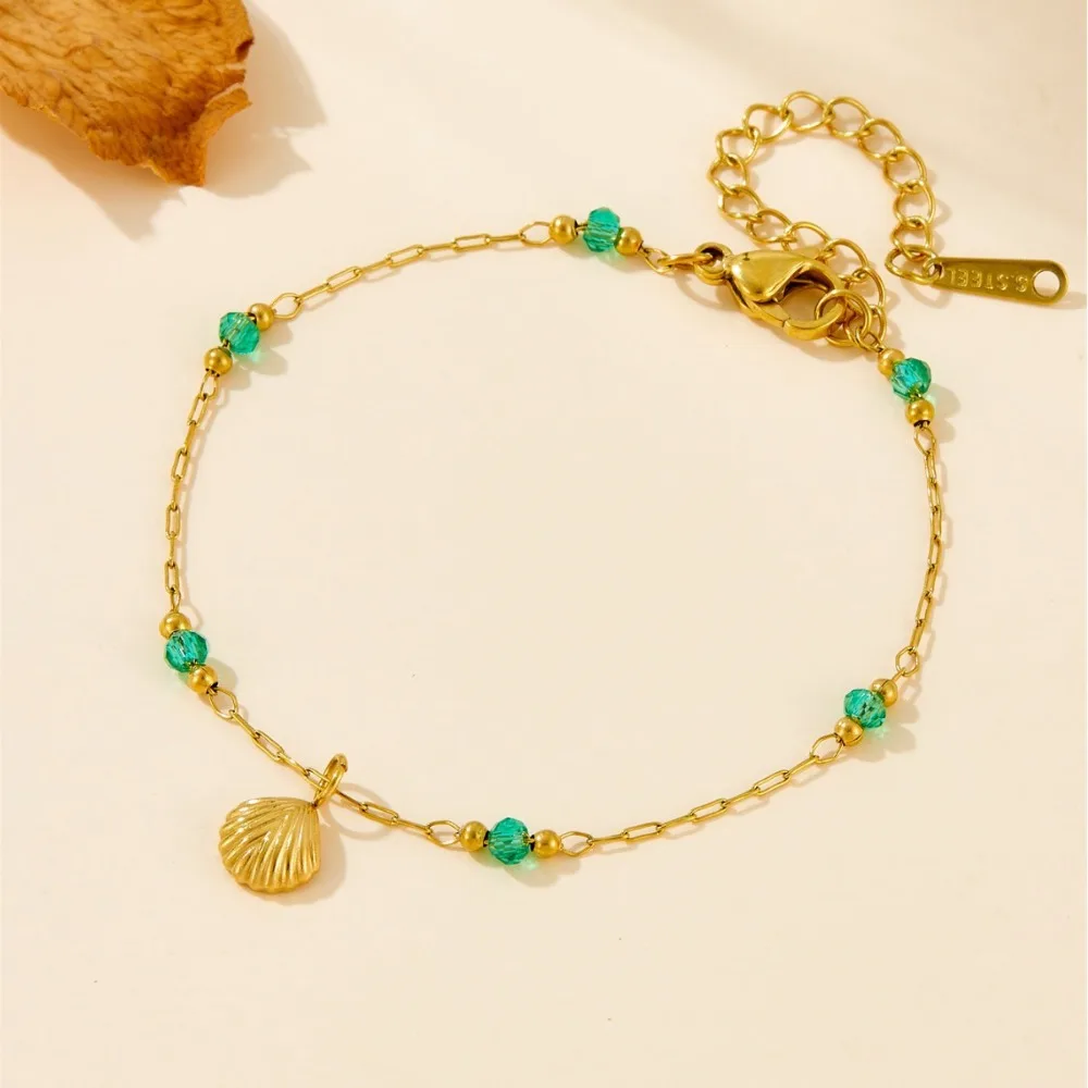 Luxury Trendy Gold Color Stainless Steel Shell Green Crystal Bracelet for Women Charm Summer Beach Collar Jewelry Colorfast Gift