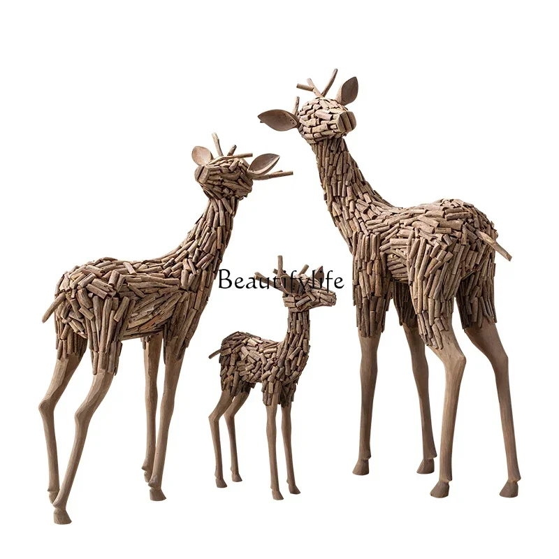 

ls 18 Solid wood lucky deer sculpture floor-to-ceiling large ornament B & B hotel crafts