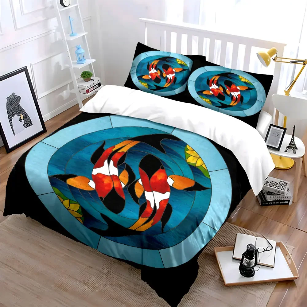 Stained Glass Koi Fish Decor Soft Comfortable Duvet Cover Bedding Set Included 1*Duvet Cover & 2*Pillowcases, gift