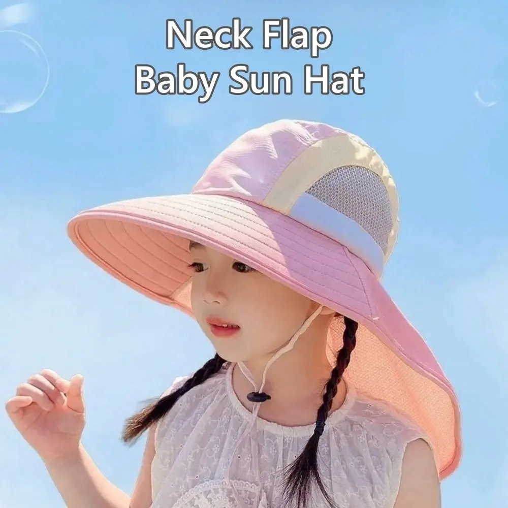 

New Neck Flap Baby Sun Hat Polyester with Strap Wide Brim Beach Hats Breathable UV Protection Outdoor Sun Cap for Summer