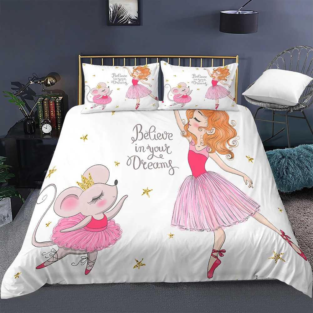 

Danceing Girl Duvet Cover Set Cartoon Prink Bedding Set with Pillowcase for Girl Women Pretty Princess Quilt Cover Set Full Size