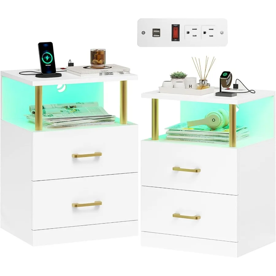 LED Night Stands Set of 2 with Charging Station and USB Ports White Nightstand with 2 Drawers Modern End Side Tables with Open