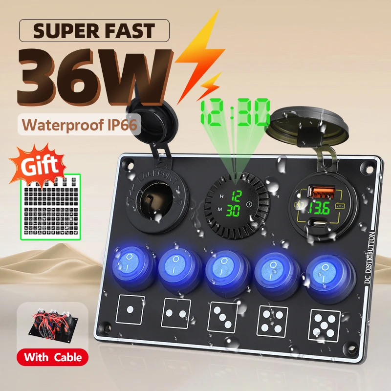 36W 5 Gang Waterproof Rocker Switch Panel 12V 24V LED Digital Voltmeter QC3.0 & PD Dual USB Car Charger Adapter Socket RV Boats