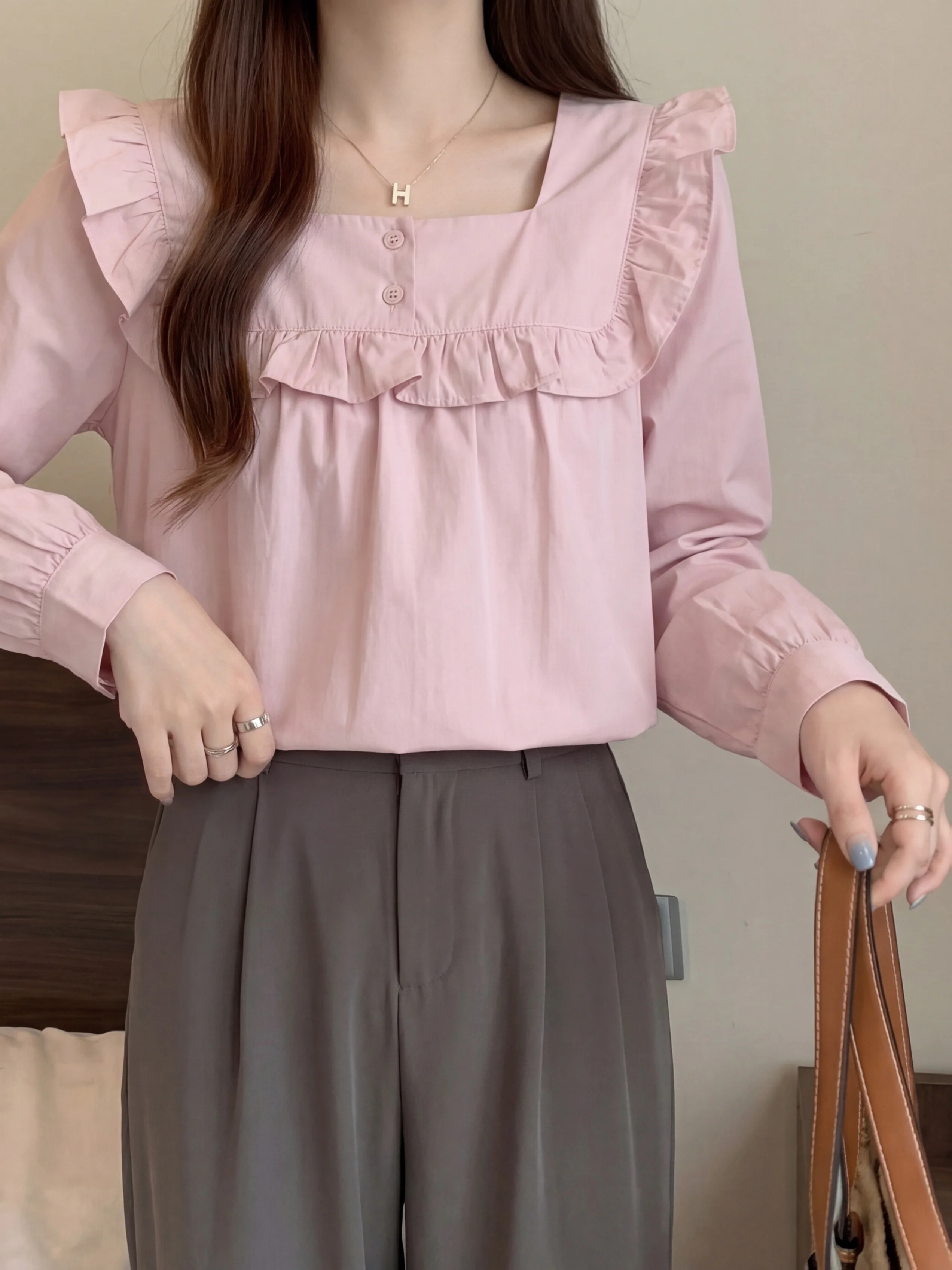 

Women's Pink Ruffle Blouse Square Neck Long Sleeve Casual Sweet Loose Shirt
