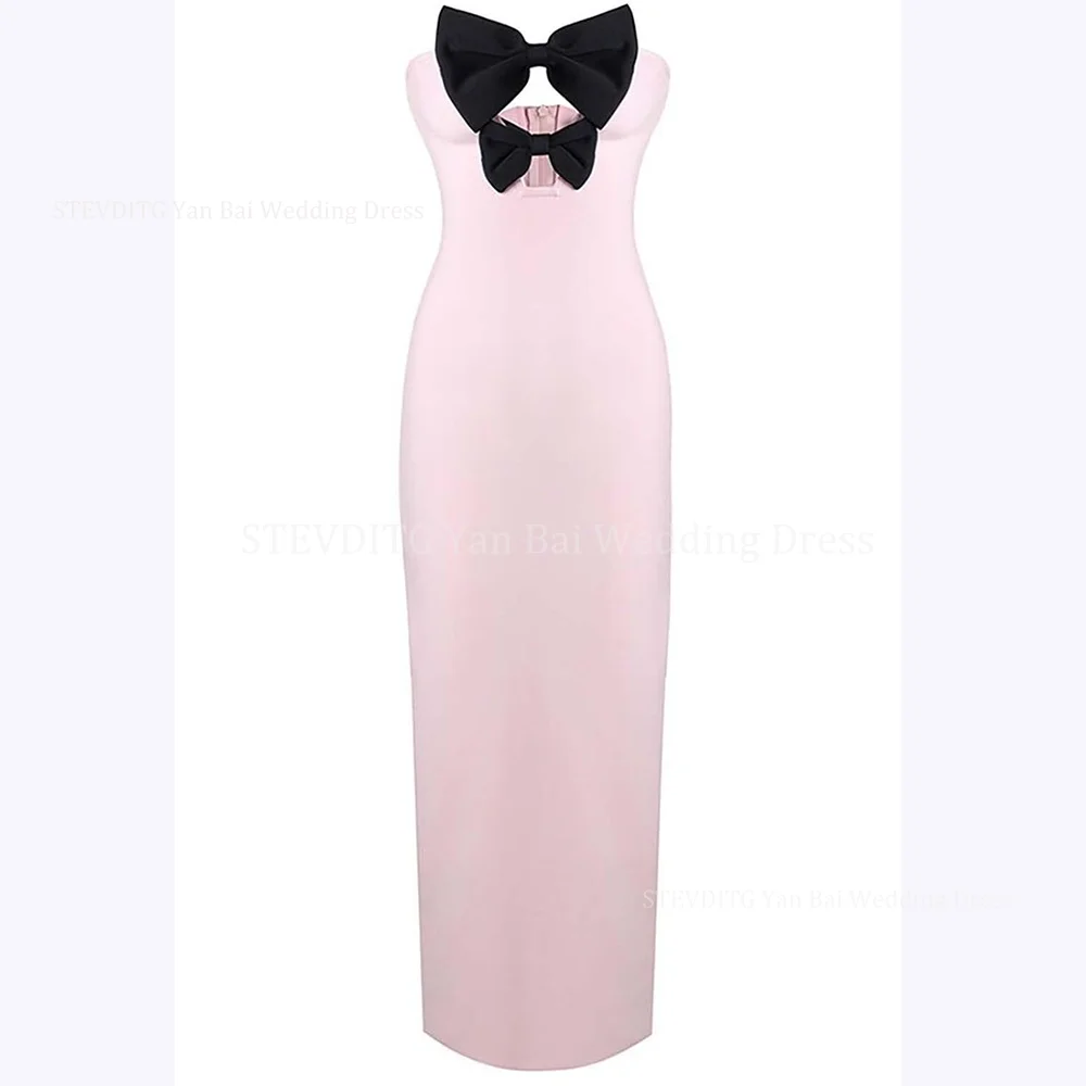 Abiti da ballo in raso rosa senza spalline senza maniche con fiocco nero alla caviglia abito a sirena sottile abito da sera formale da donna elegante