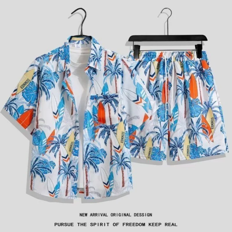 

Coconut Tree Surfboard Fun Print Shirts and Short 2 Piece Sets for Men Holiday Hawaii Male Large Size Summer Sports Quick Drying