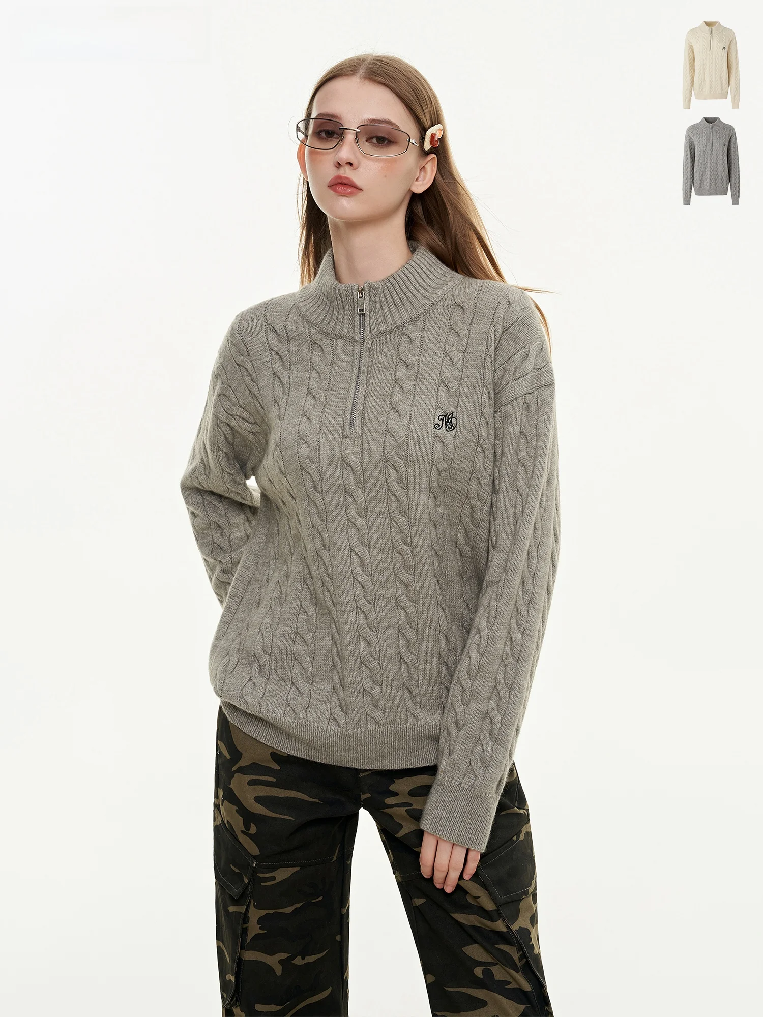 

Женский свитер MoodBerry с вышивкой логотипа в американском ретро-стиле, на молнии, с воротником-стойкой, осенне-зимний, вязаный, в стиле Lazy Sle