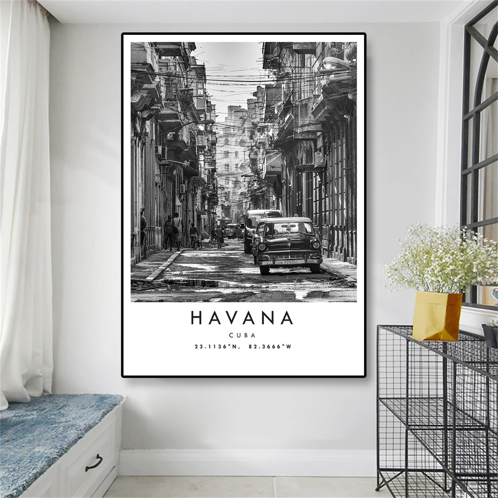 Modern City Havana Travel Print Poster Cuba Poster Wall Art Black and White Coordinates Canvas Painting Popular Home Decoration