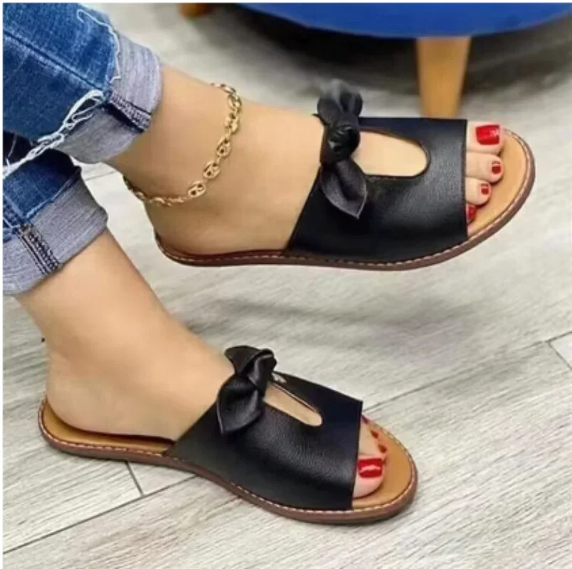 

2024 New Summer Women Slippers Shoes Cute Butterfly-Knot Flats Casual Sandals Solid Color Beach Sandals Zapatillas Mujer