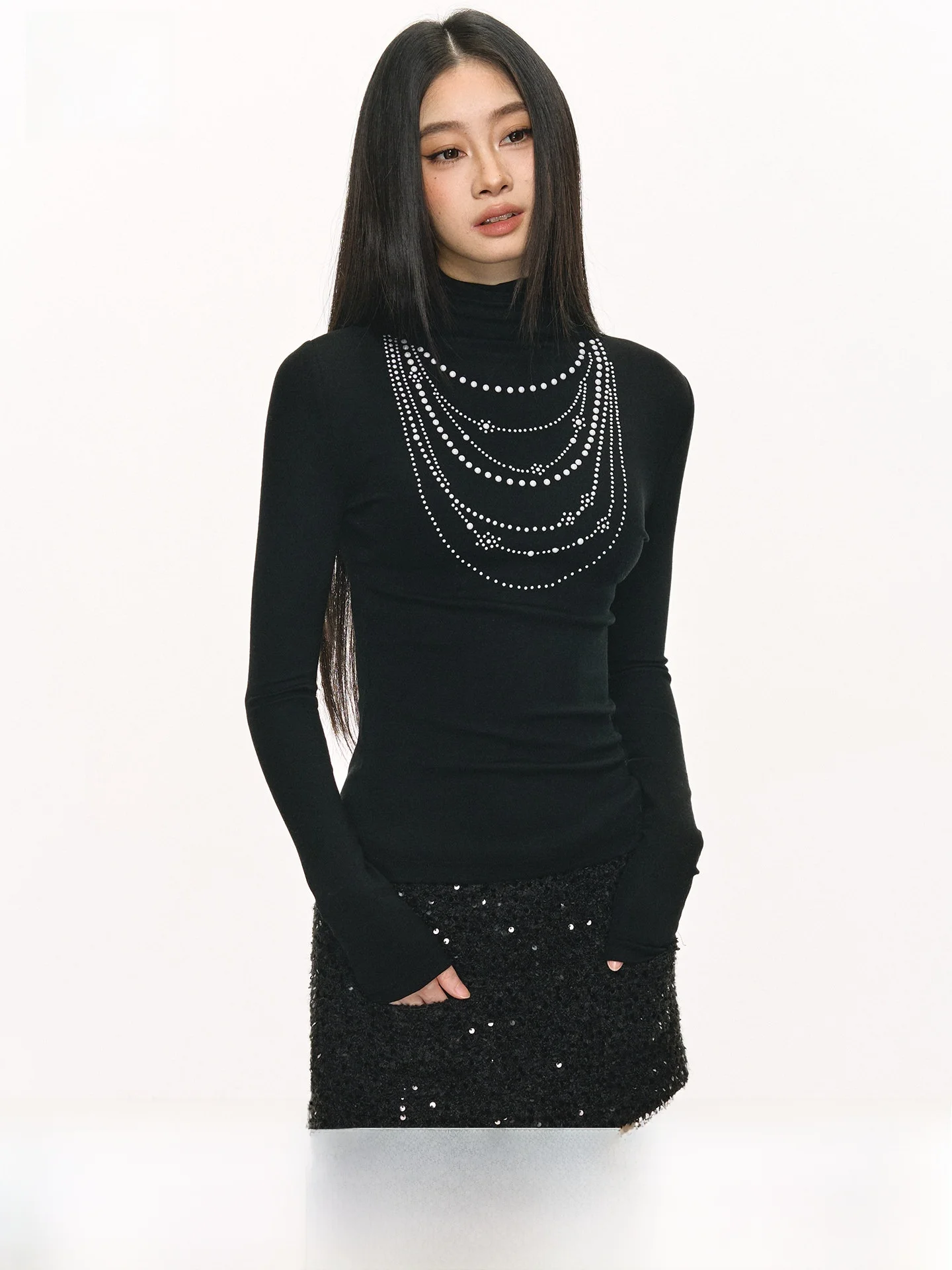 

Женская облегающая футболка с высоким воротником и стразами, с длинным рукавом, повседневная, весенняя, модная, для ношения под одеждой, Anna Aneae