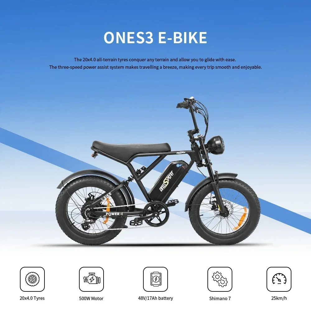 Mountain E-bicycle 500WMotor 48V17AH Lithiumbattery 20Inch Fat Tire Motorcycle Style E-bicycle APP Intelligent Control E-bicycle