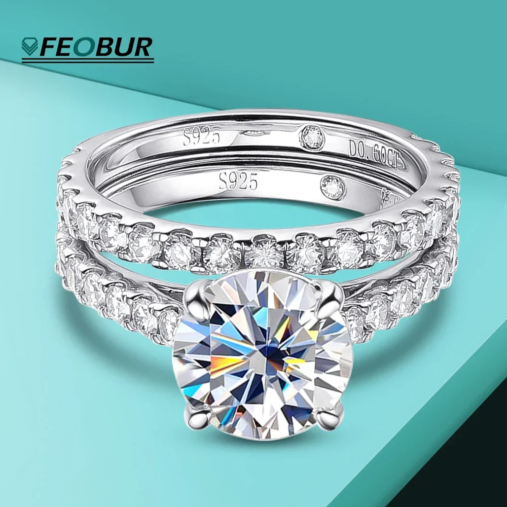 

FEOBUR 4.2CT Full Moissanite Rings for Women 925 Sterling Silver Plated 18K Gold Sparkling Diamond Wedding Band Bridal Sets