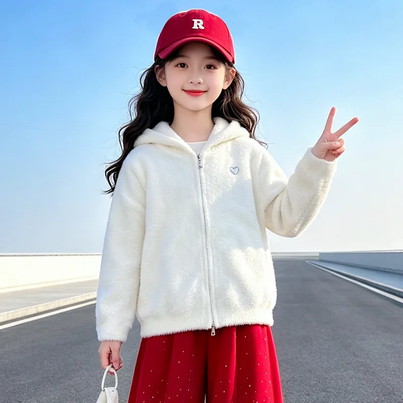 2026 autumn winter Girls clothes stars heart Hooded Jacket white coat cardigan Baby teenager Kid tops velvet 4 10 11 12 15 year