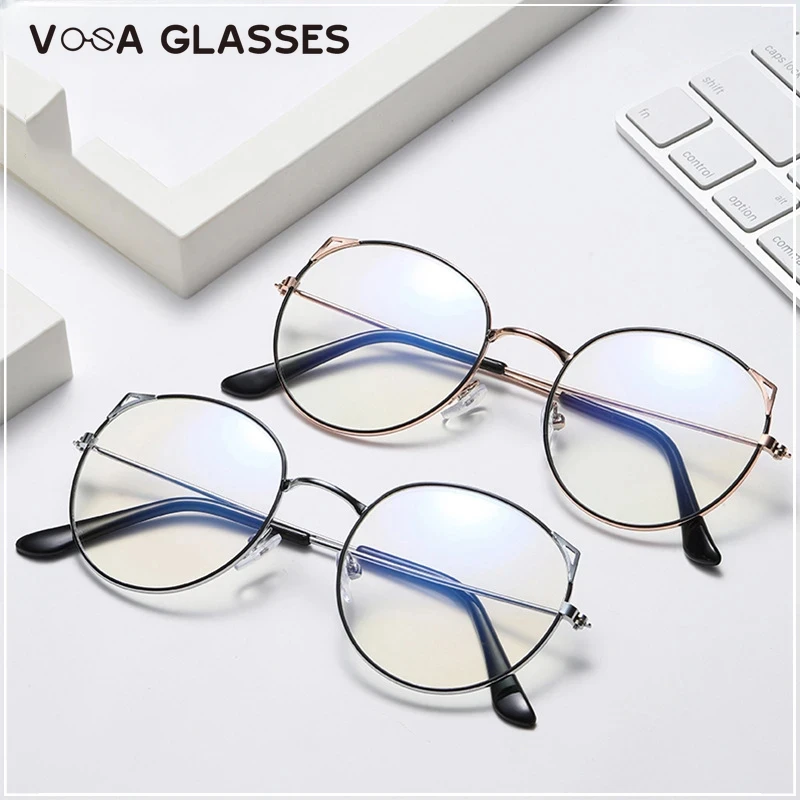 New Cat Ear Anti Blue Light Eyeglasses Metal Thin Round Frame Fashion Cute Glasses For Girls Computer Spectacles Eyes Protection