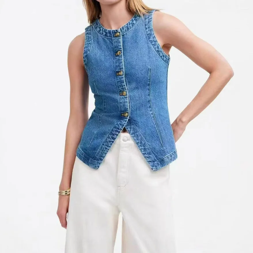 

Women's Sleeveless Denim Vest Button round Neck Design Autumn New Fashion European American Style Washed Effect Outerwear