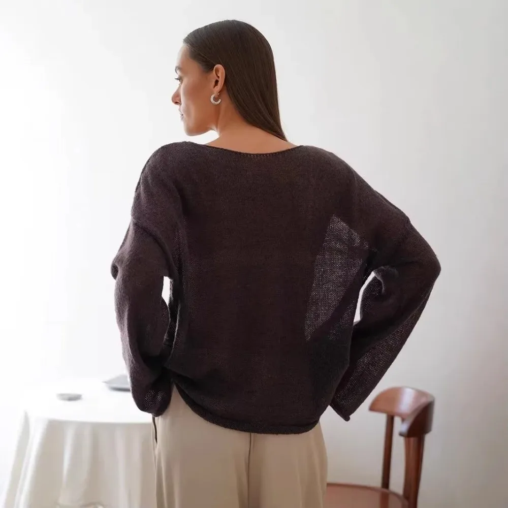 Chic Large Round Neck Hollow Knitted Sweater See Through Breathable Knit T-Shirt Lightweight Flared Sleeve Thin Knitwear